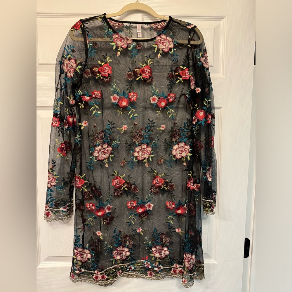 Xhilaration Black Sheer Mesh Floral Embroidered Dress